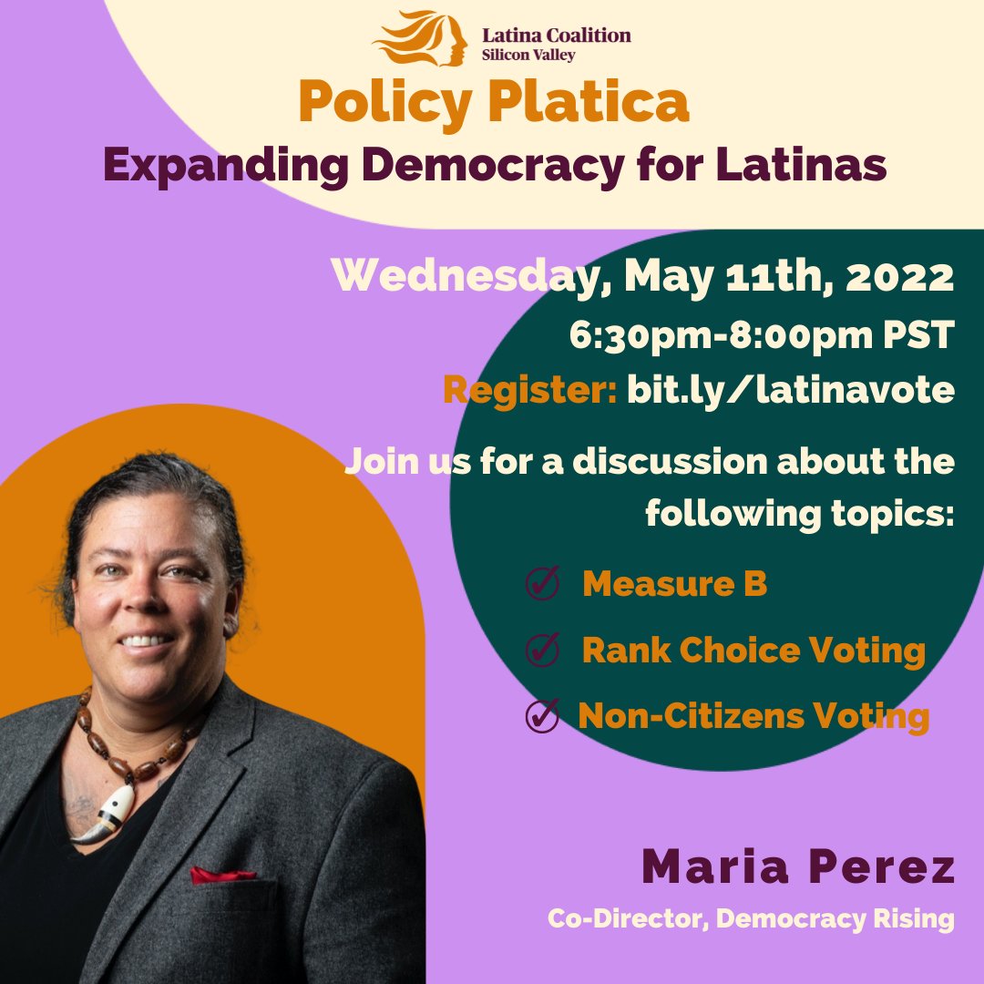 LatinaCoalition's tweet photo. Happening TODAY at 6:30pm! Policy Platica: Expanding Democracy for Latinas. Register at https://t.co/SprE9o46S6 or via our link in bio! 

#policy #siliconvalley #lcsv #latinacoalition #measureb #rankchoicevoting #noncitizensvoting https://t.co/AGFkBEACsT