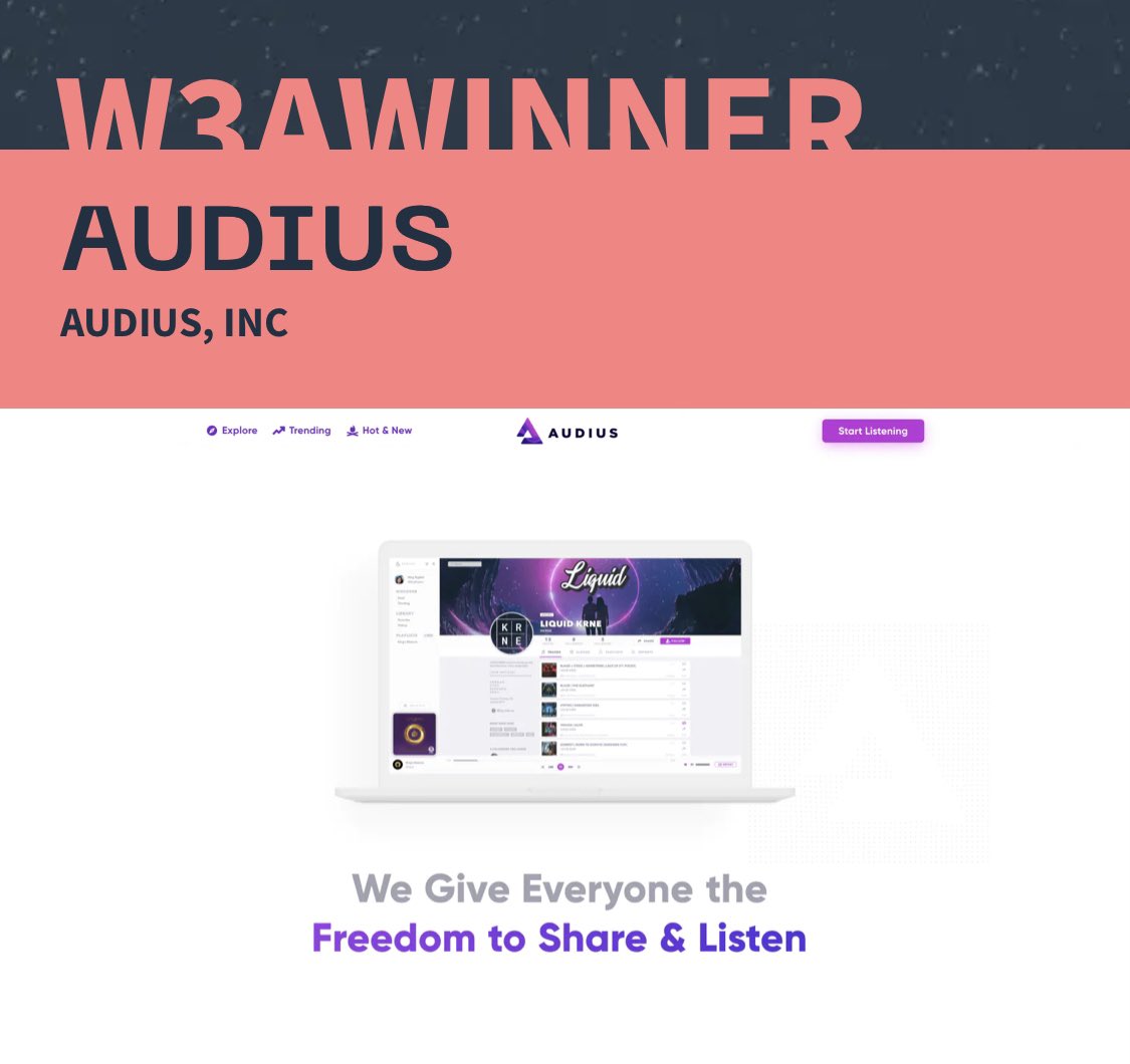 TheW3A's tweet photo. #W3A Winner of the Week: @AudiusProject Congrats! 
"Audius is a very ambitious project. Its aim is to “give everyone the freedom to share and listen”. > https://t.co/l3fsxYlU8x | #web3 #music #streaming #platform $AUDIO https://t.co/1nVc3AzQrG
