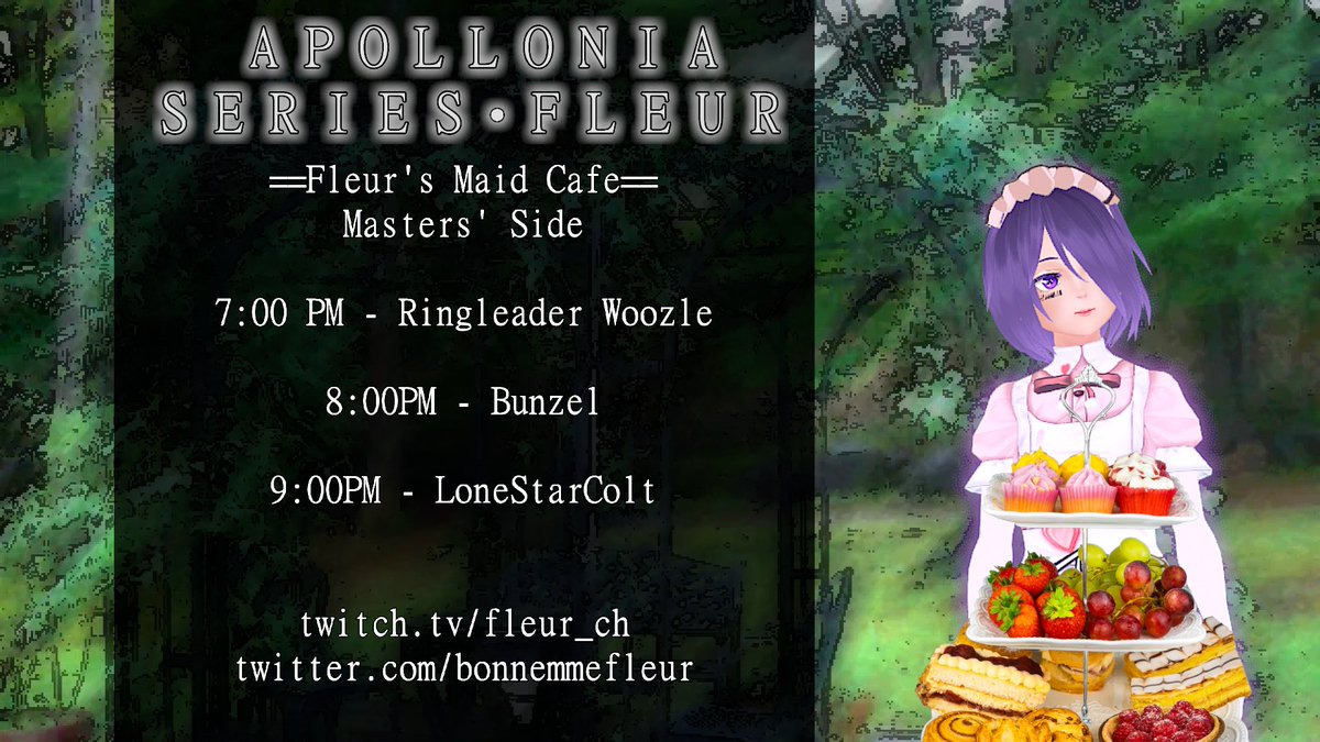 BonneMmeFleur's tweet photo. [Let us round out the end of maid week with another round of Fleur's Maid Cafe, for talk, tea and excellent service. Times in PST.]

7PM - @woozle_ch 
8PM - @bunzel_ch 
9PM - @lonestarcolt 

#ENVTUBER #VTUBERMAIDWEEK #MAIDWEEK https://t.co/Fle5feKPPE
