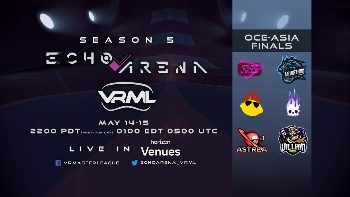EchoArena_VRML's tweet photo. Congrats to FreeVR, @LeviathanVRML, Elijahs Lemons, Frosaken, Astrea, &amp; Villain!🎉
They'll be playing starting Saturday at 2200 PDT (Friday), 0100 EDT, 0500 UTC. Sunday, we'll crown the winner!

📺https://t.co/HoMBFznzZr
📺https://t.co/yjngTYznaw
#echovr #vrml #vrsports https://t.co/biLUdI0pWp