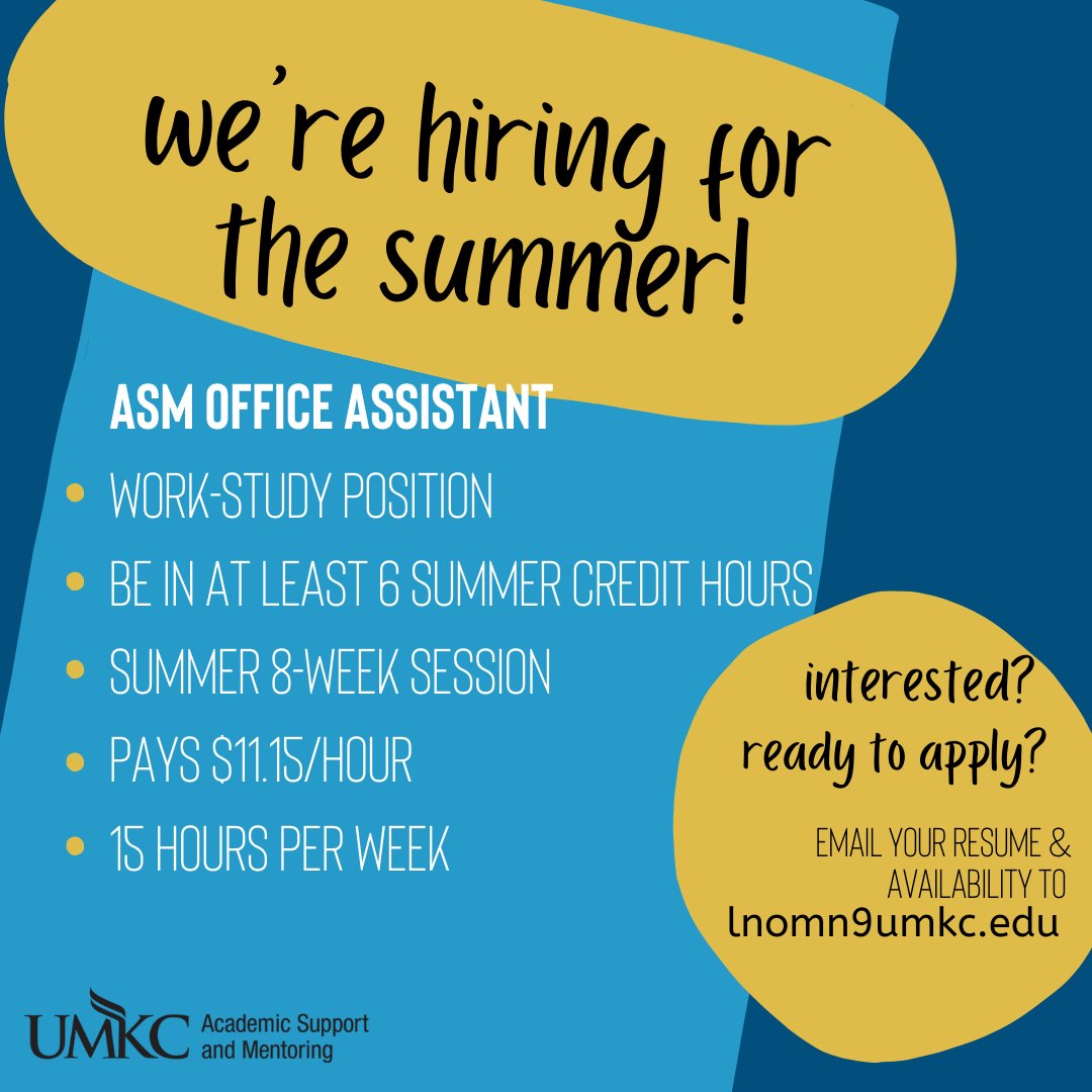 UMKC_ASM's tweet photo. Interested in working for ASM over the summer? taking at least 6 credit hours this summer? wanna make some connections at UMKC? here's your opportunity! For more info feel free to DM us! 🦘 https://t.co/4oDuIo3Lh9