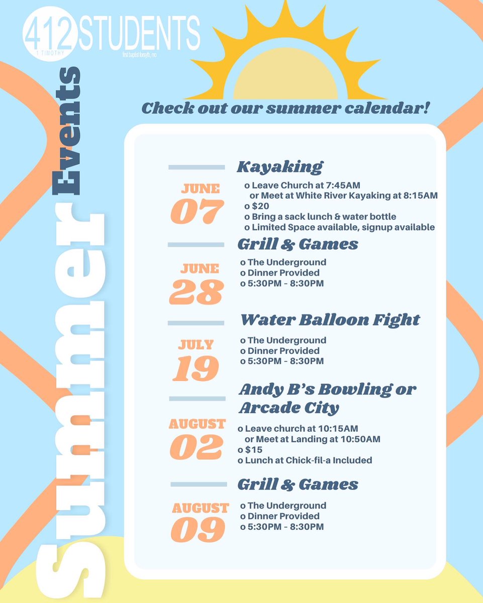 412FBCStudents's tweet photo. The summer calendar is here!! 
We have several fun activities and dessert nights planned for this summer that you won’t want to miss! Be sure to join us! If you have any questions contact pastor Jeff. #412forsyth https://t.co/MVhu7kl9LD