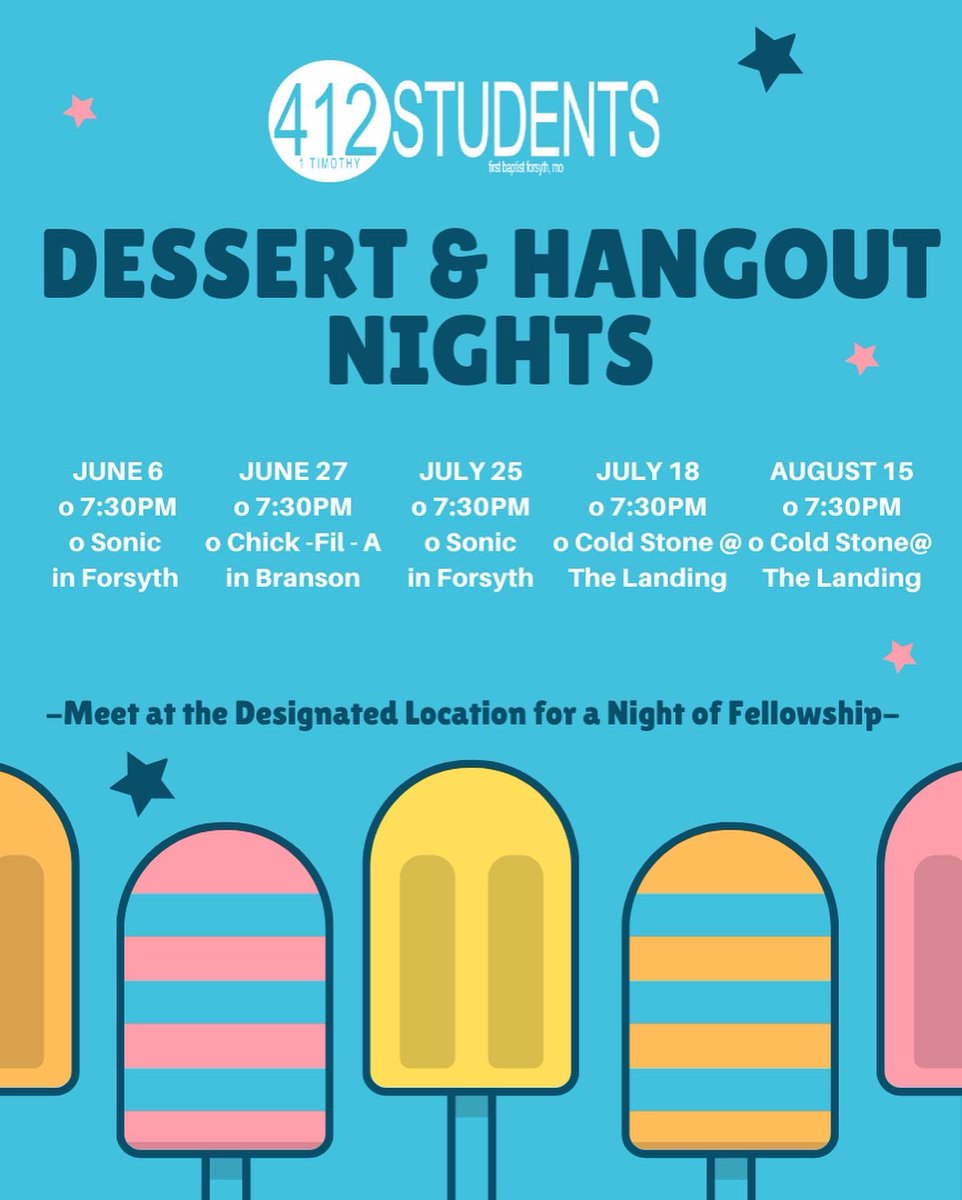 412FBCStudents's tweet photo. The summer calendar is here!! 
We have several fun activities and dessert nights planned for this summer that you won’t want to miss! Be sure to join us! If you have any questions contact pastor Jeff. #412forsyth https://t.co/MVhu7kl9LD