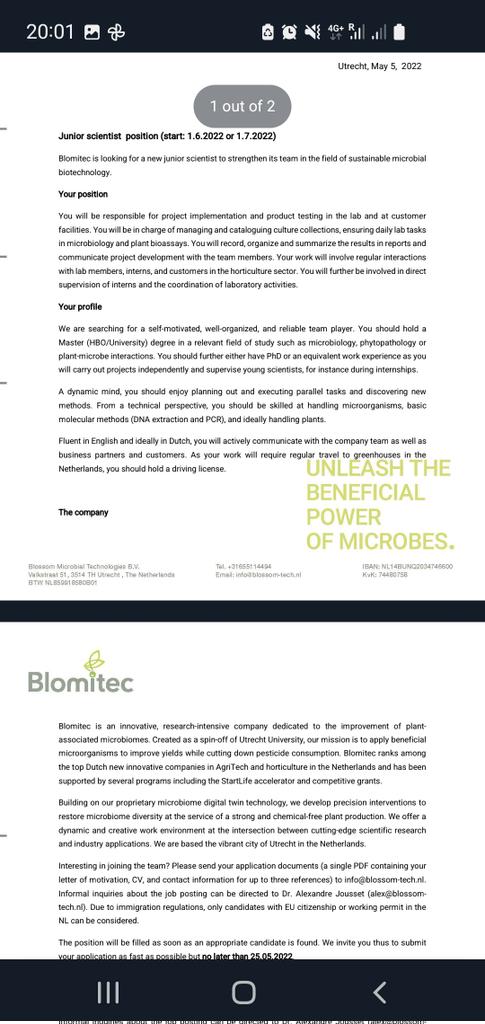 Alex_Jousset's tweet photo. Please RT. We are hiring! Junior scientist position at Blomitec, the startup engineering microbiomes for sustainable plant production. Permanent position in beautiful Utrecht for an energetic and flexible person, Dutch fluency strongly expected. https://t.co/8KtcUTaF71