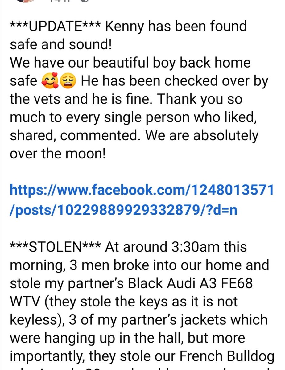 <a href="/NatashaBready1/">Natasha Bready</a> <a href="/rosiedoc666/">Rosie Doc</a> <a href="/TheStourbridge/">George The Stourbridge Junction Station Cat</a> <a href="/StourbridgeFC/">Stourbridge FC</a> <a href="/StourbridgeWMP/">Stourbridge Police</a> <a href="/CPStourbridge/">Stourbridge Cats</a> <a href="/WMPolice/">West Midlands Police</a> <a href="/FLOOF_uk/">For The Love Of Our Frenchies</a> <a href="/frenchie_henri/">Henri The Frenchie</a> <a href="/birmingham_live/">Birmingham Live</a> <a href="/DudleyPolice/">Dudley Police</a> Thankyou sooo much 💙
Kenny is #HOMESAFE  💙..he's fine....