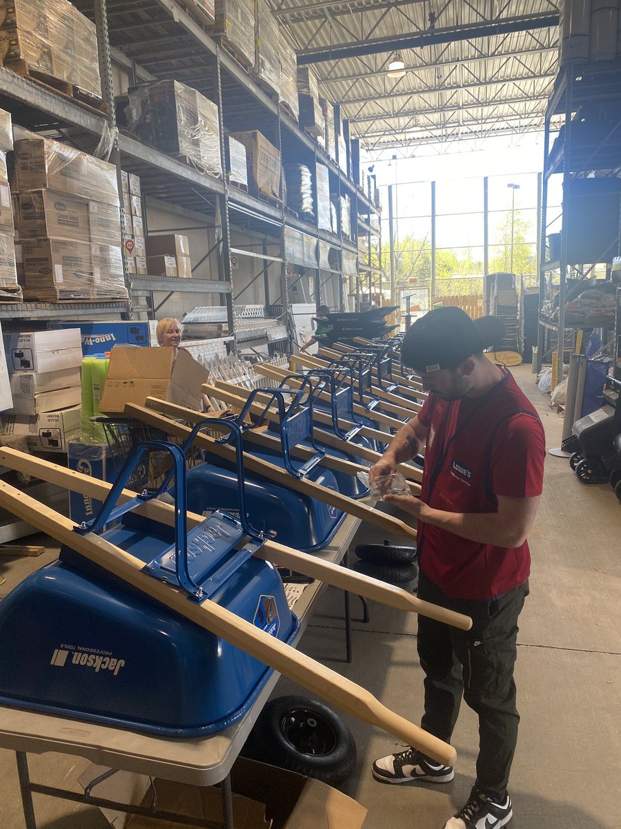 1195Lowes's tweet photo. Our associates are hard at work assembling wheelbarrows to help you with your #Spring projects! https://t.co/xJMAHD0SwV
