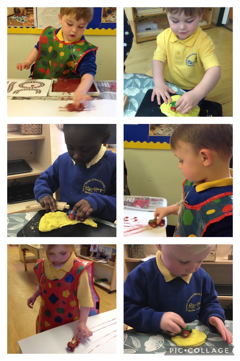 EvertonNursery's tweet photo. Using small-world trains to observe the marks left behind in paint and dough #interestledlearning #plods #markmaking #creativity #eyfs #spencerclass2022 https://t.co/SSrJf7KqKS