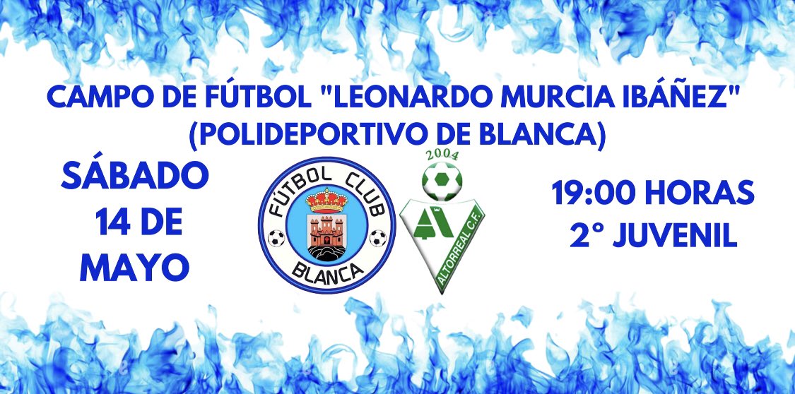 ⚽️ 26ª Jornada⚽️
🏟Campo de fútbol “Leonardo Murcia Ibáñez” (Polideportivo de Blanca)🏟
📅 Sábado, 14 de Mayo 📅
⌚️19:00⌚️
⚔️ <a href="/ef_altorreal/">EF Altorreal</a> ⚔️

#vamosblanca #2juvenil #ffrm #futbol
