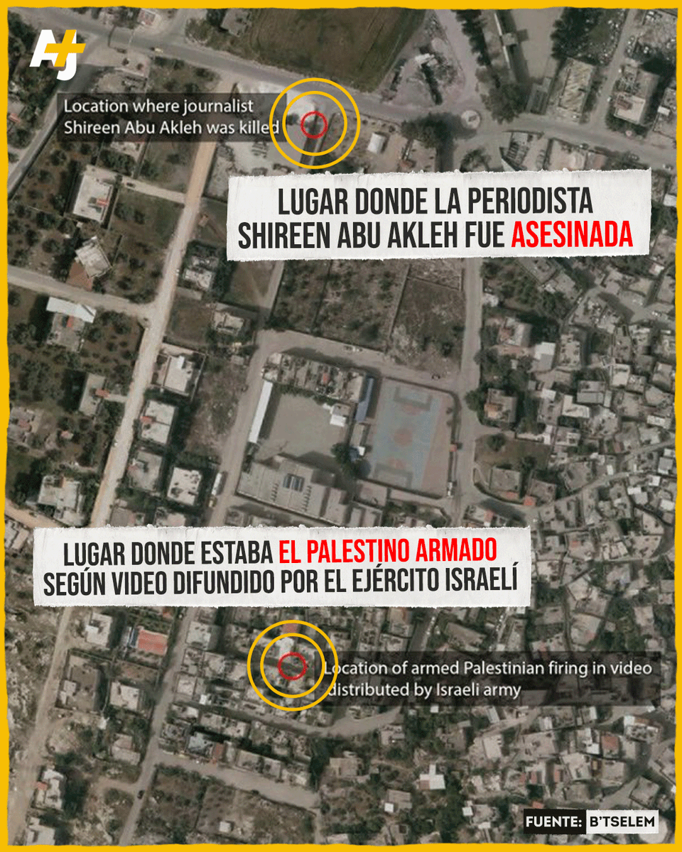ajplusespanol's tweet photo. 🪢Este mapa de la ONG israelí B'Tselem desmiente la versión de Israel sobre el asesinato de la periodista de Al Jazeera Shireen Abu Akleh, quien recibió un disparo mortal de fuerzas israelíes en la ciudad palestina de Jenin. Otro periodista, Ali al-Samoudi, resultó herido. https://t.co/DESN1Le4nI