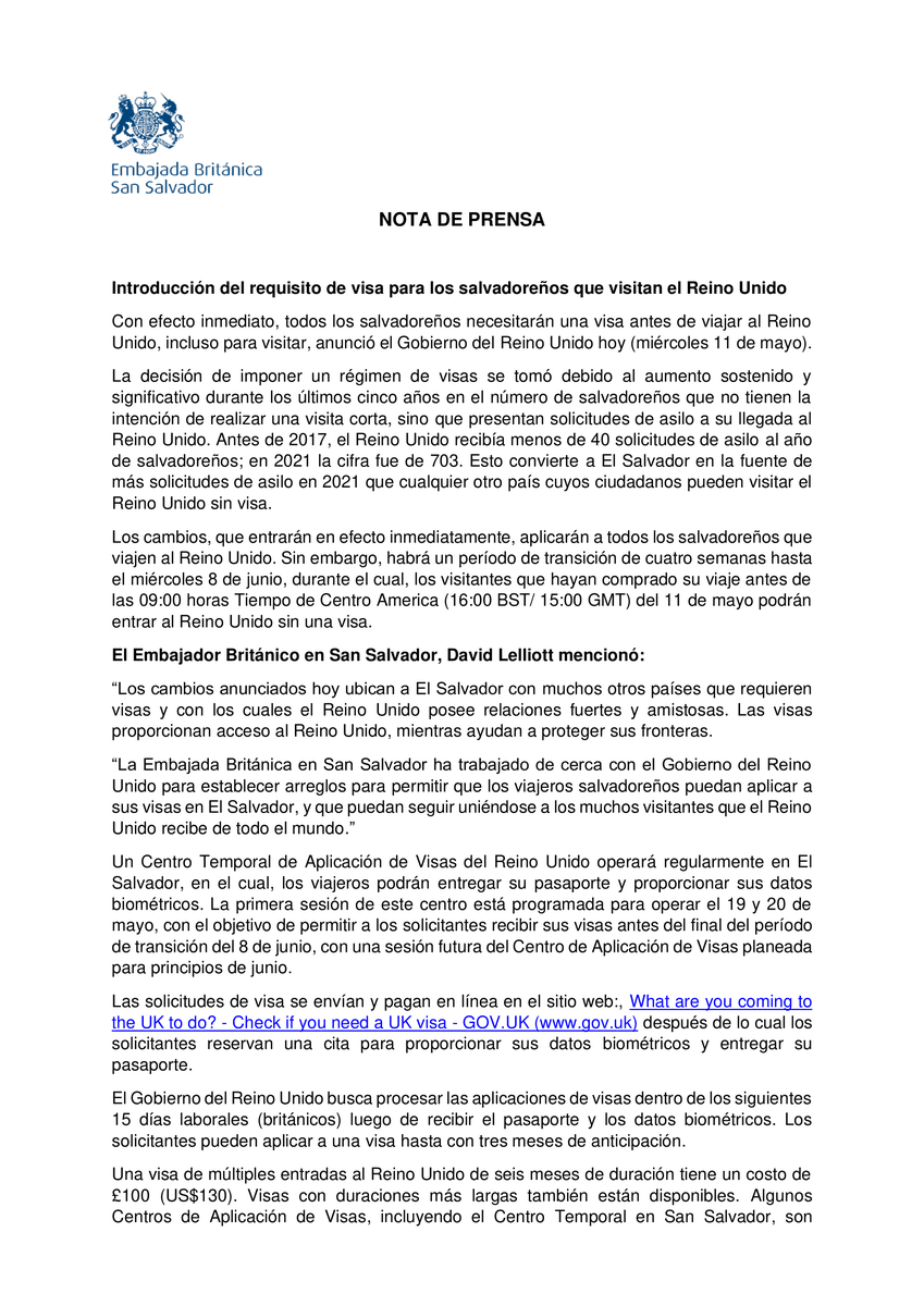 UKinElSalvador's tweet photo. #NotaDePrensa sobre nuevo requerimiento de visa para visitantes salvadoreños al Reino Unido.
📣 Actualización de links. https://t.co/KdJlDx3HtW