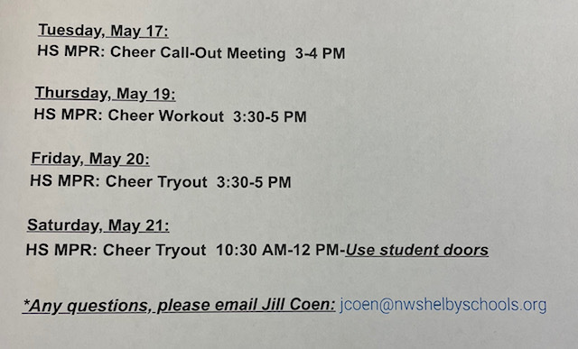 2022-23 High School Cheer Info:  Please see attached!

*Any questions, please email Jill Coen:  jcoen@nwshelbyschools.org