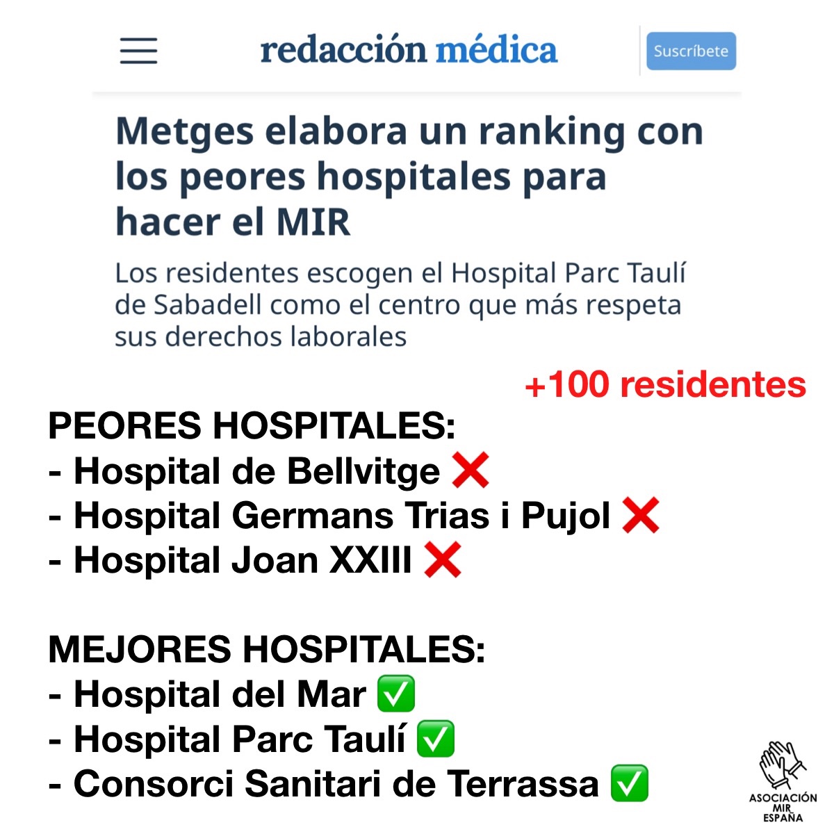MEJORES/PEORES HOSPITALES DE CATALUÑA

Con más de 100 MIR: