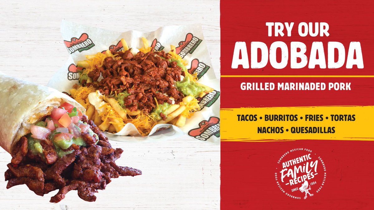 SombreroMexican's tweet photo. Try our authentic Adobada - grilled marinaded pork! Get it on fries, burritos, tacos, nachos and more. Get your #SombreroFix today! ๐Order online: https://t.co/32sNjQJVpR. #adobada #mexicanfood #fries #burrito #taco #nachos #torta https://t.co/asoC5eLymb