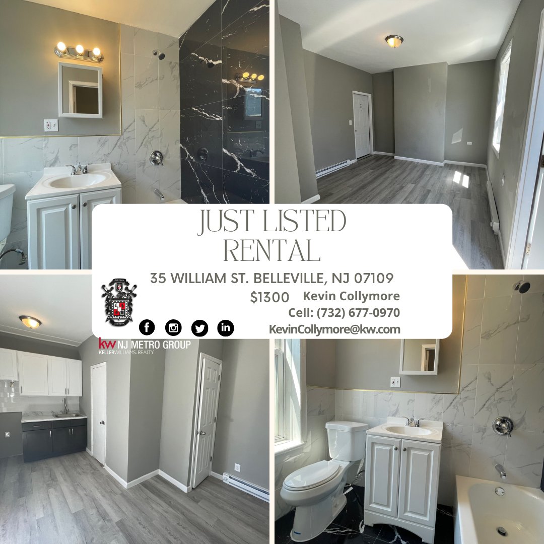 CollymoreGroup's tweet photo. Newly Renovated Studio on 1st flr!!! Available Immediately!!! $1300, all utilities included, pets welcomed, private entry.
#thecollymoregroup #igetshitdone #kellerwilliams #newjersey #blackrealtor #realtor #realestate #home #rental #renters #listingagent #belleville #rent https://t.co/OFzGMRy2o3