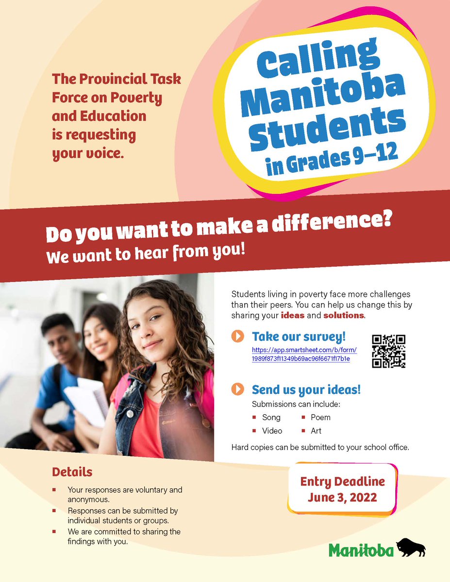 The Provincial Task Force on Poverty and Education is inviting Manitoba youth, ages 14 to 21 to share their lived experiences, perspectives, and ideas to help eliminate the impacts of poverty on students. Visit mvsd.ca/apps/news/arti… for more details.
#mvsd_mb
