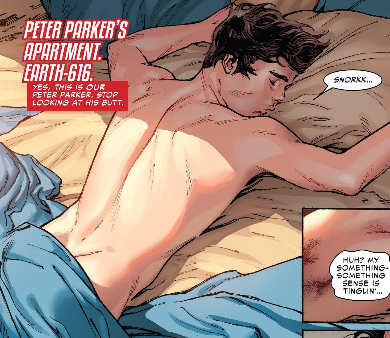 peter parker laying NAKED in his bed MOST of his ass covered (but some isnt...