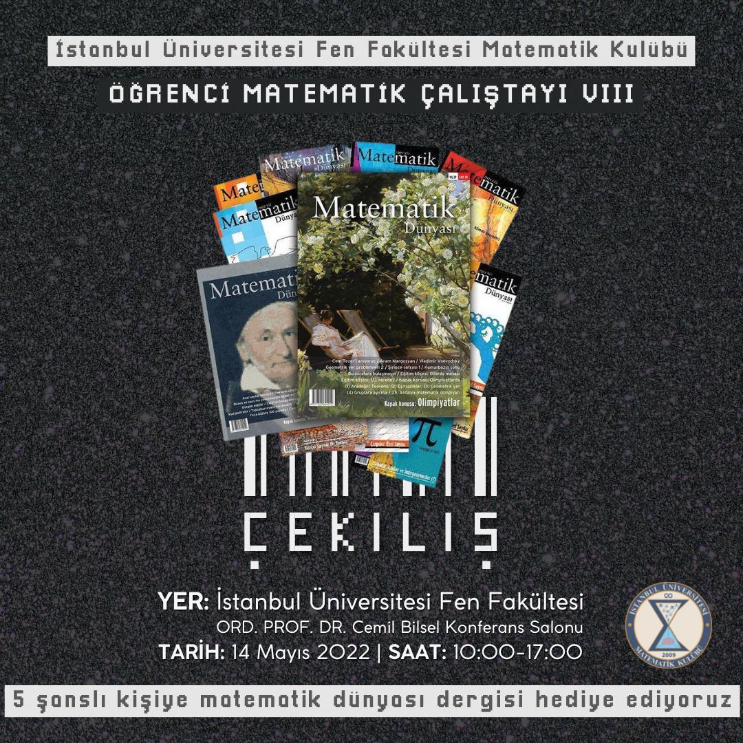 Matematik Dünyası bu cumartesi <a href="/iumatematik/">İÜ Matematik Kulübü</a> çalıştayında🎉🎉 Çalıştayda 5 dergi hediye ediyoruz 🎁 Çekilişi kaçırmamak ve Matematik Dünyası sayılarını incelemek için Matematik Dünyası masasına uğramayı unutmayın. Çalıştayda görüşmek üzere🖐️ Kayıt için: docs.google.com/forms/d/e/1FAI…