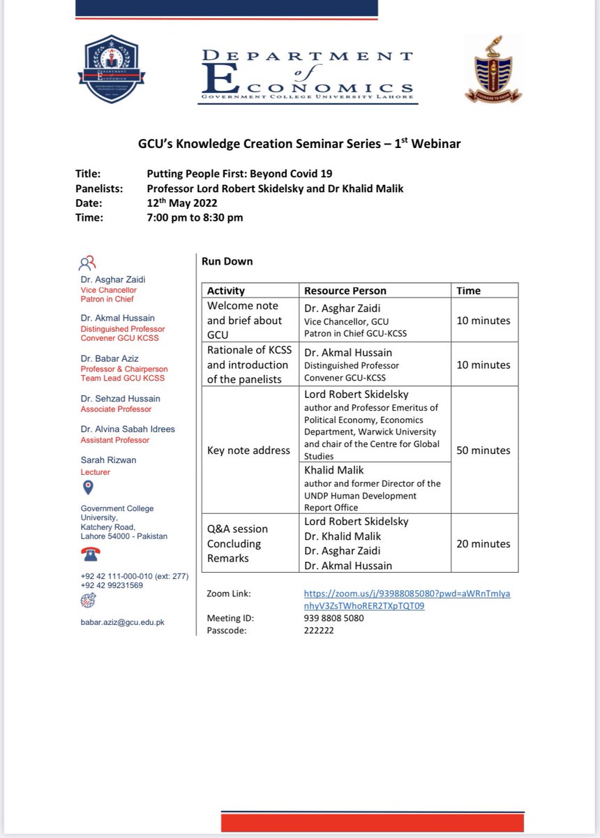 Tomorrow we are getting started with the GCU’s Knowledge Creation Seminar Series. The first lecture <a href="/gcuniversitylhr/">GC University Lahore</a> is given by Prof Lord Robert Skidelsky and Dr Khalid Malik. The topic is “Putting People First: Beyond Covid-19”.  Please join the webinar at 7pm 👇