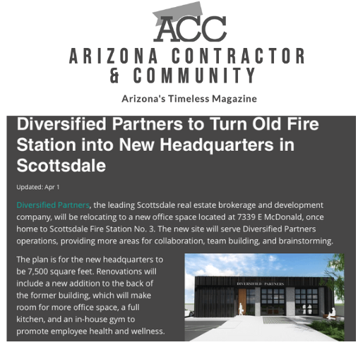 PR_Buzz's tweet photo. Diversified Partners (@dpcre) is in the process of remodeling an old Scottsdale fire station into brand-new headquarters! Arizona Contractor & Community magazine covers the story:
https://t.co/fGwvAYUksZ
#TheMcRaeAgency #PR #PRBuzz #ClientNews #buzzworthy #socialmedia https://t.co/ElATGrIb0N