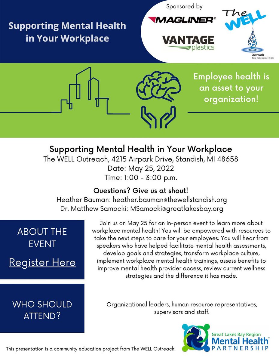 BAGreatStart's tweet photo. RSVP for "Supporting Mental Health in Your Workplace" at The WELL Outreach in #standishmi on May 25, 2022 from 1:00 PM to 3:00 PM.
RSVP: https://t.co/3EhgW2qWaV https://t.co/2X2P0f5zY5