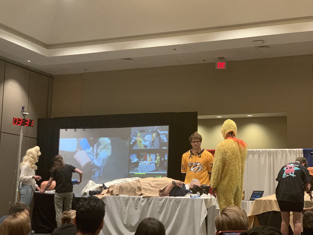 The most interesting thing here is not the chicken man — it’s the use of hybrid simulation during #SAEM22 @EMSimWars