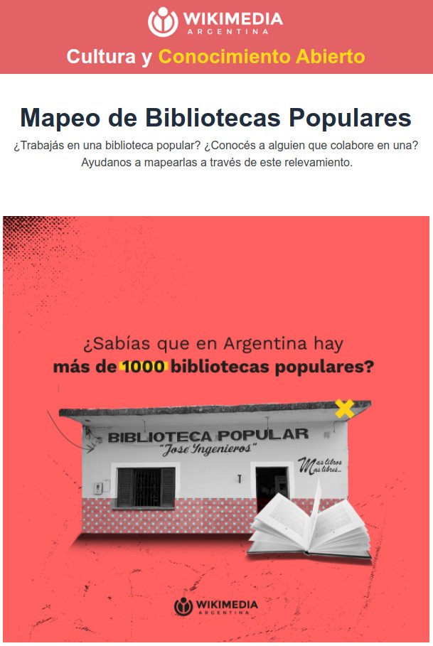 diegoarielvega's tweet photo. ¡Excelente iniciativa de @wikimedia_ar! Relevamiento para mapear #bibliotecaspopulares de 🇦🇷y ofrecerles formación gratuita en herramientas que les permitan hablar acerca de su comunidad, su territorio y su cultura en entornos virtuales.Aquí el formulario: https://t.co/0sQe2UatQm https://t.co/bxpeGTJL0s