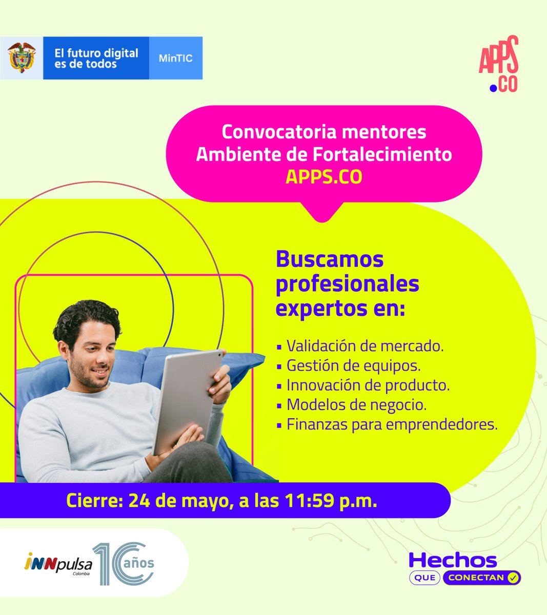 AppsCo's tweet photo. 😱¡Arranca nueva convocatoria! En @InnpulsaCol y el @Ministerio_TIC estamos buscando mentores para desarrollar y ejecutar asesorías grupales a los emprendedores beneficiarios del programa https://t.co/ikzZAYhJjg.👇 Conoce cómo aplicar: https://t.co/gRH00ENWlv https://t.co/blRx82e4pV