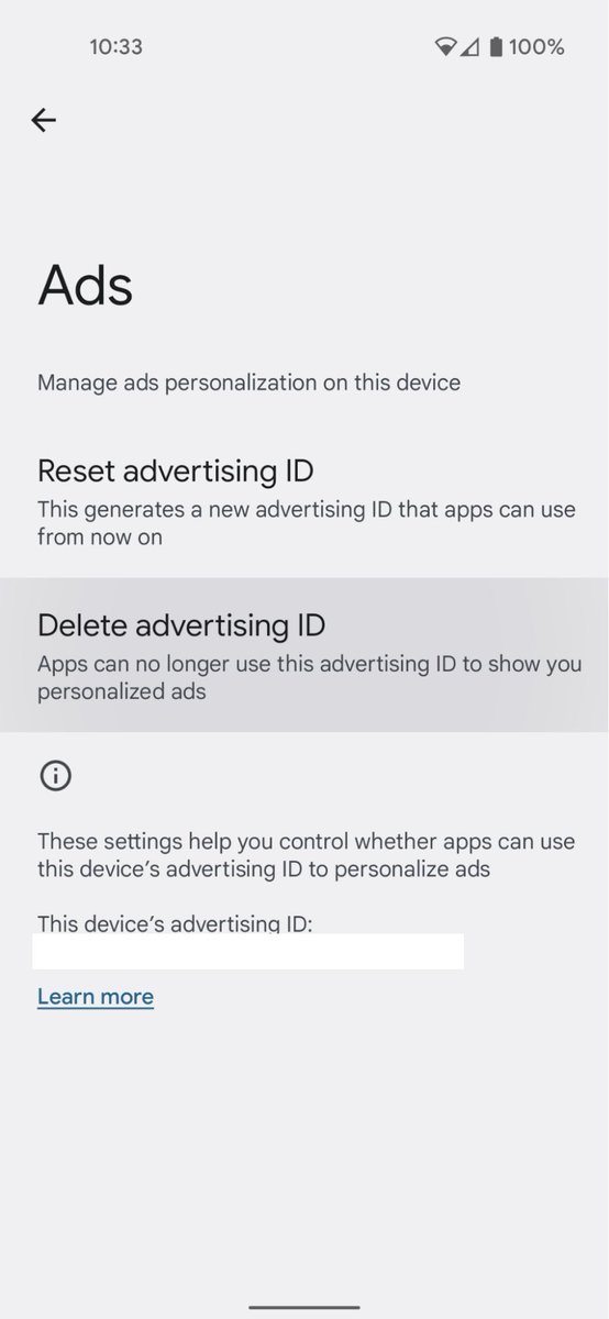 EFF's tweet photo. On Android: 
Open the Settings app, and navigate to Privacy > Ads. Tap “Delete advertising ID,” then tap it again on the next page to confirm. This will prevent any app on your phone from accessing it in the future. https://t.co/rrHiw5BWKG