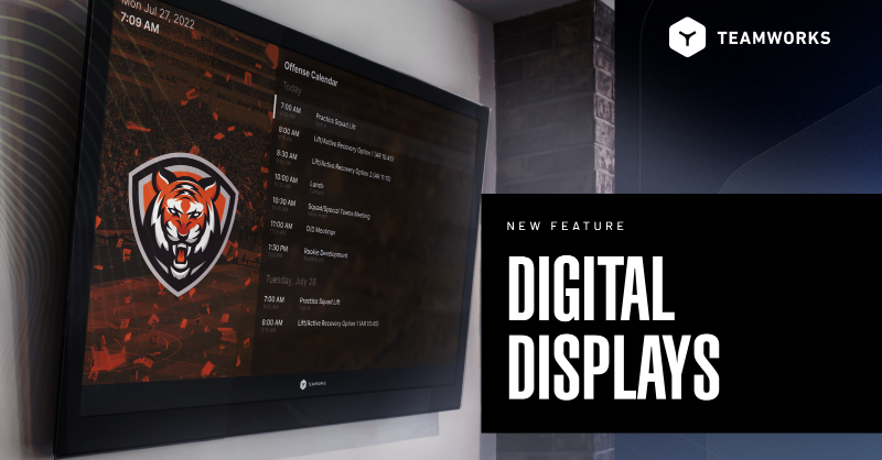 Teamworks's tweet photo. Introducing Teamworks Digital Displays 🥳 

Now you can have your Teamworks Calendar on your TV! 

Read more about Displays and get started with a custom background ↓