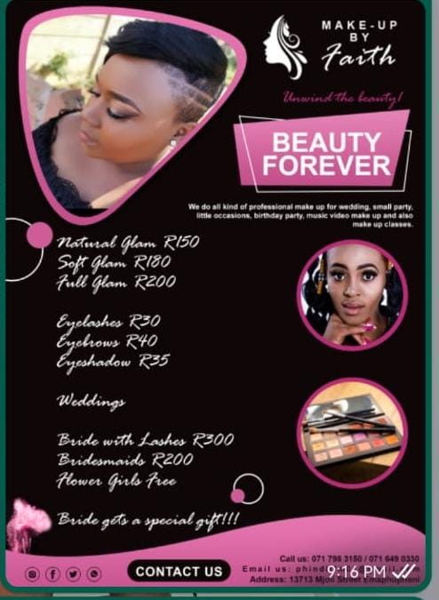 BusiMlangeni2's tweet photo. Hi Everyone,

Anyone in need of a Make up artist please feel free to contact my sister.

Location :Etwatwa, East Rand.

She does house calls at an extra fee depending on the location. https://t.co/BBZHGZNYBP