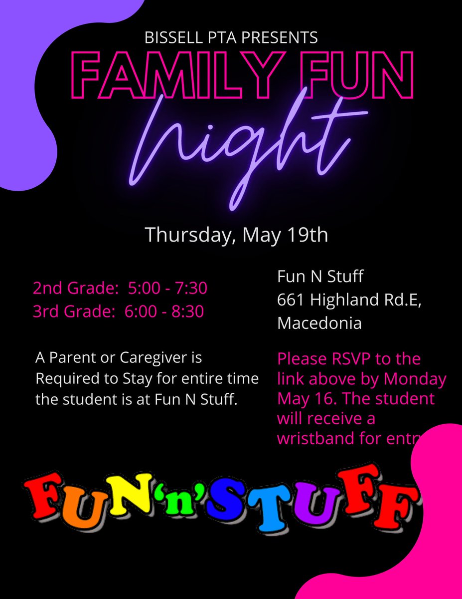 BissellPTA's tweet photo. Just a reminder: If you haven't RSVP'd to the Bissell Night at Fun 'n' Stuff please do so before Monday at the link below.
https://t.co/05hFheFNNb https://t.co/ytYfLiVIap
