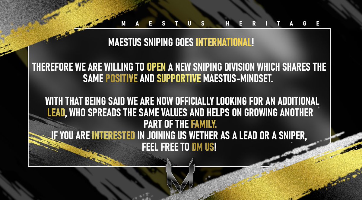 🔴RECRUITING🔴

Maestus Sniping goes international! 

For further information or requests DM:
- <a href="/rewyx_/">Maestus Rwy</a> 
- <a href="/maestusdubz/">Winki</a>
