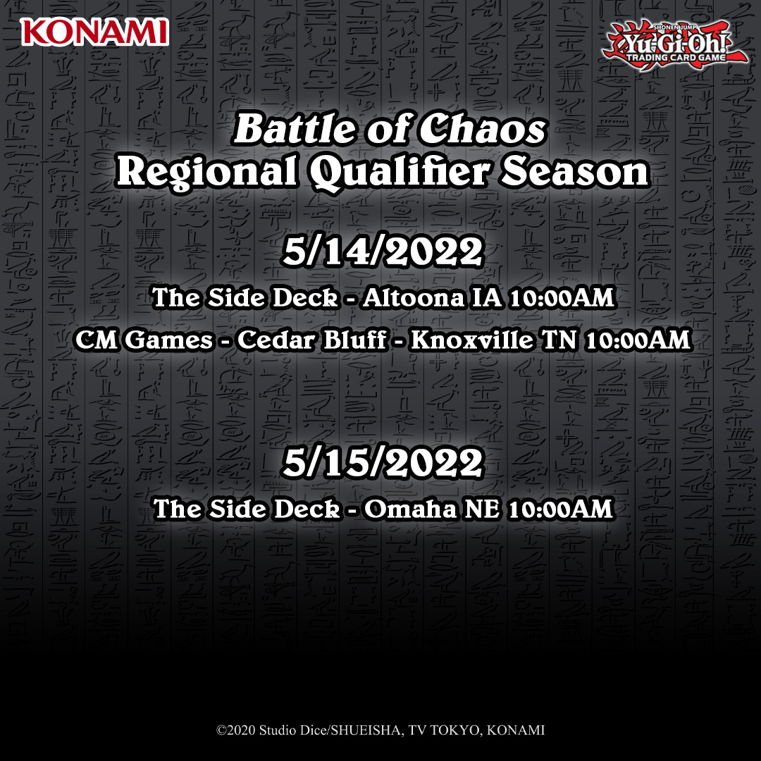 YuGiOh_TCG's tweet photo. The FINAL Regional Qualifiers for Battle of Chaos season is this weekend! Visit our website for event details: https://t.co/T6Zbh2Vb76

#YuGiOhTCG #BattleOfChaos #BACH https://t.co/ZEpZ2LQGIv