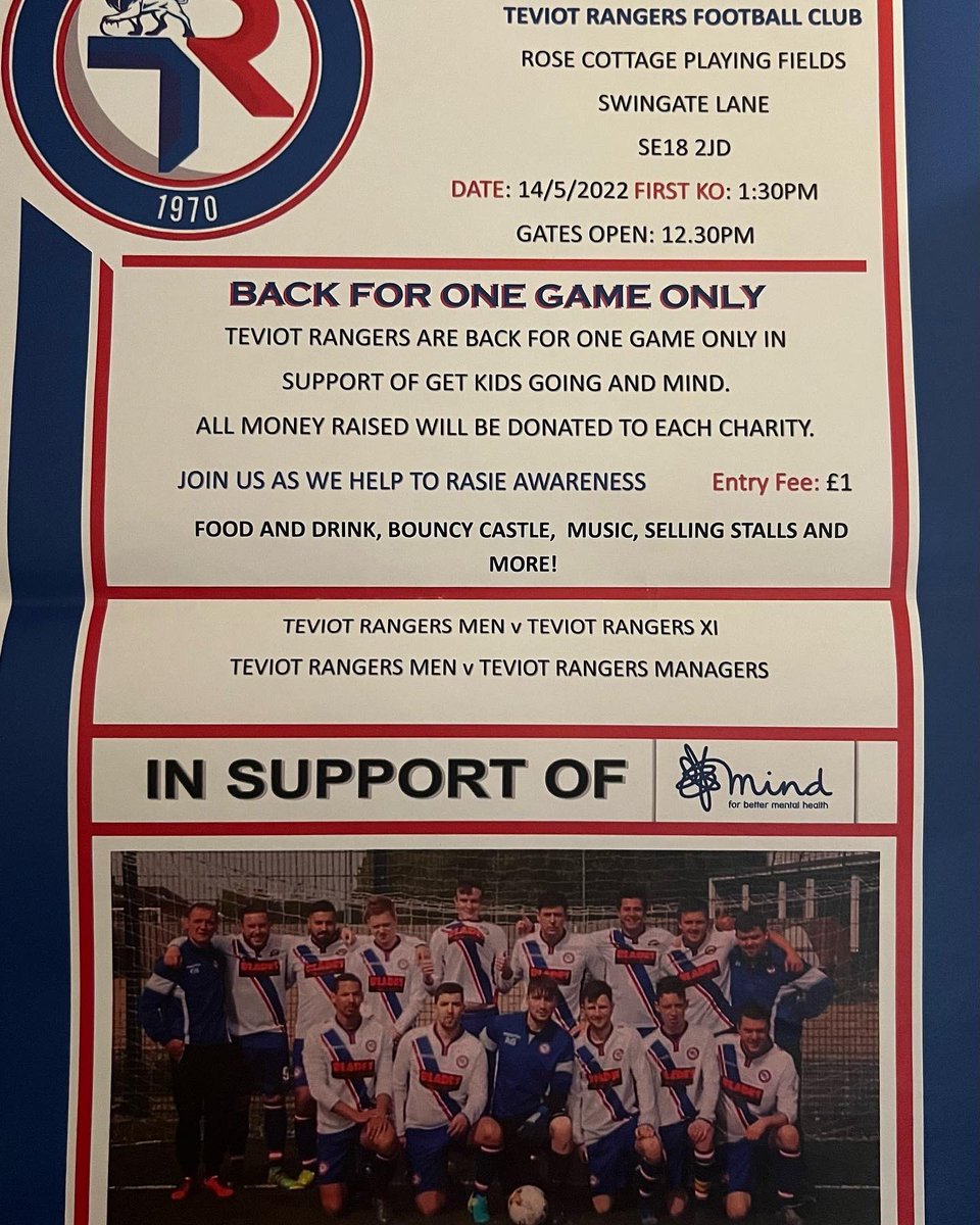 TeviotRangersFc's tweet photo. Join us if you can!!Please share on social media
 Teviot Rangers Charity Day 2022
 This event will take place on Saturday the 14th of May 2022 and will be held at Teviot Rangers Football Club (SE18 2JD). All donations will be going to the following Getkidgoing and Minduk https://t.co/YJwhcfRmu2