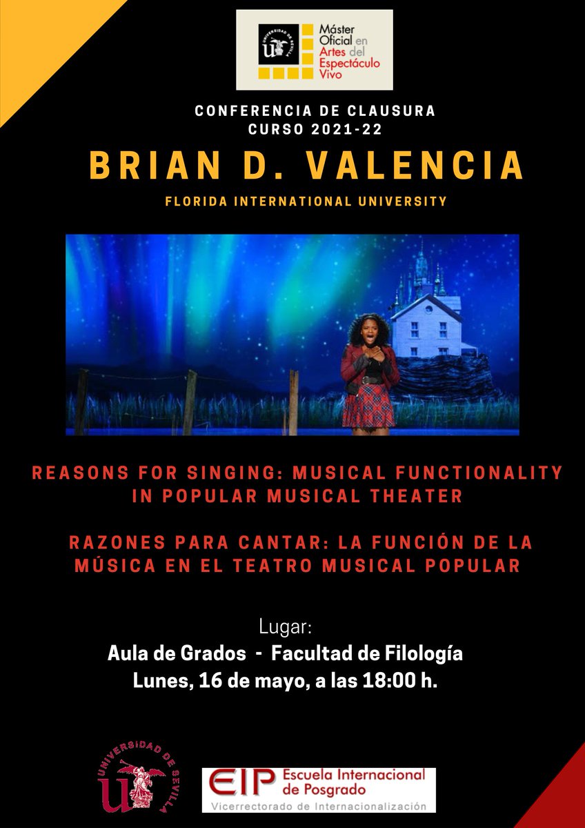 EstudNorthAmRG's tweet photo. Second announcement of the day! For the Máster en Artes del Espectáculo Vivo's closing ceremony, we would love to have your presence and your thrilling enthusiasm with us! Join us for this talk on Musical Functionality in Popular Music Theater. 
See you there! https://t.co/NoimgkaAKK