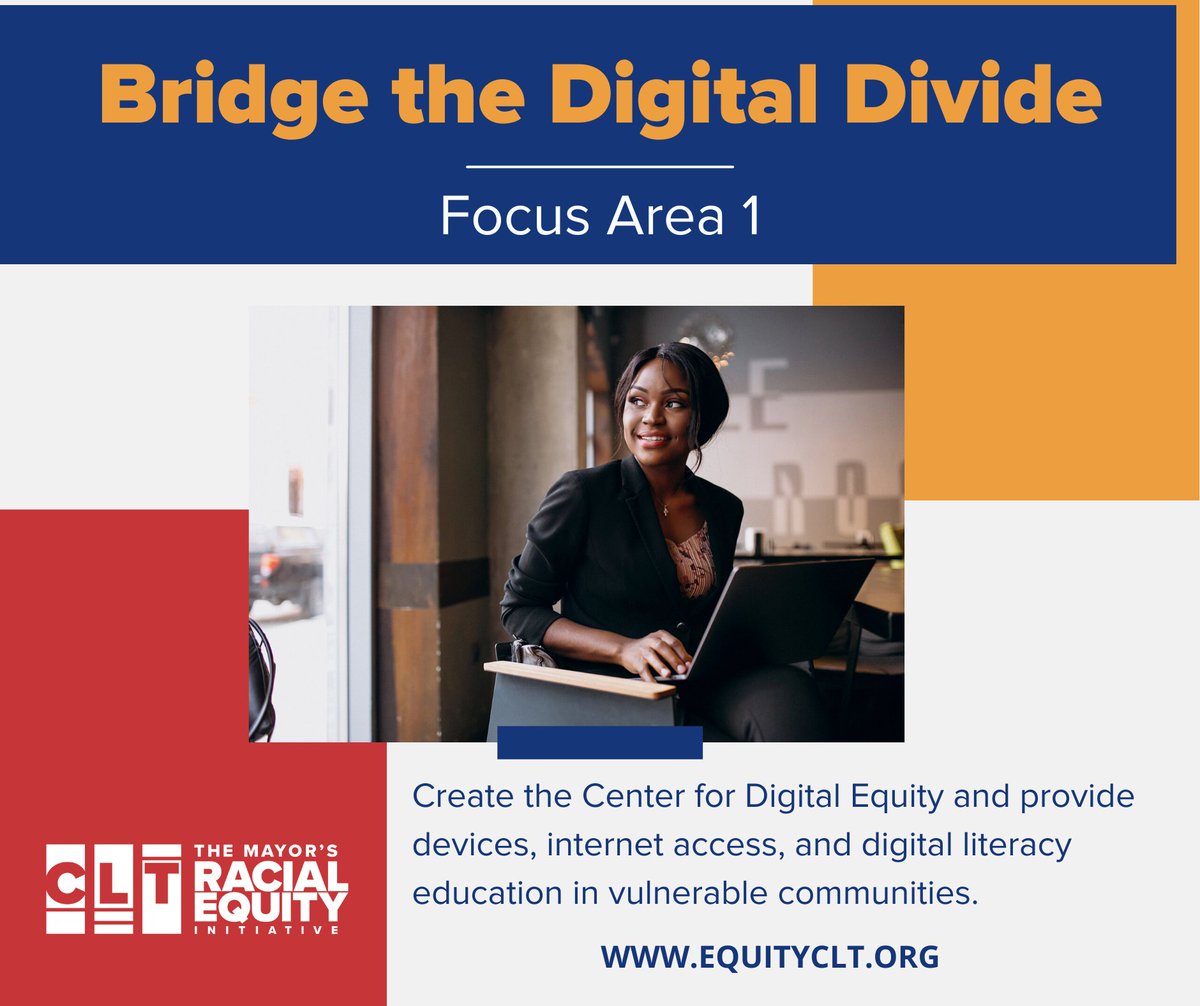 EquityCLT's tweet photo. Focus area one of the Mayor's Racial Equity Initiative is Bridging the Digital Divide. Learn more at https://t.co/OsRSDH2iRz or through this video https://t.co/0Y7w8Ca8lD 

Share, like and comment to spread the word about the work we are doing in Charlotte!
#equityclt https://t.co/KL8rcGeKa6