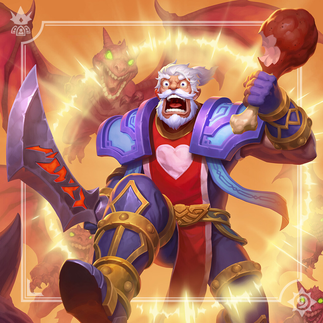 Image shows an older, well-built man holding a large sword and oversized chicken leg frantically running away from a screeching dragon