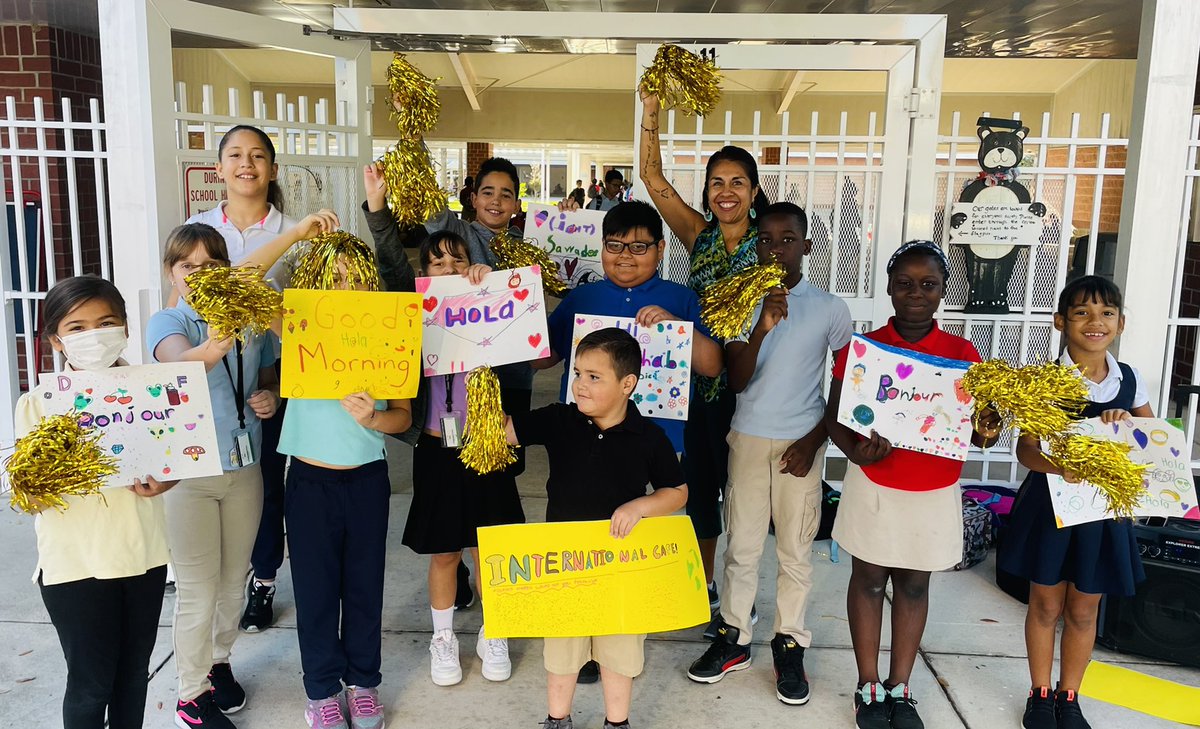 MrsSMendozaCPE's tweet photo. #InternationalCafe greeting bus riders this morning! #diversity #connections #ELs #Newcomers @blackbearsroar https://t.co/gjfKCf301H