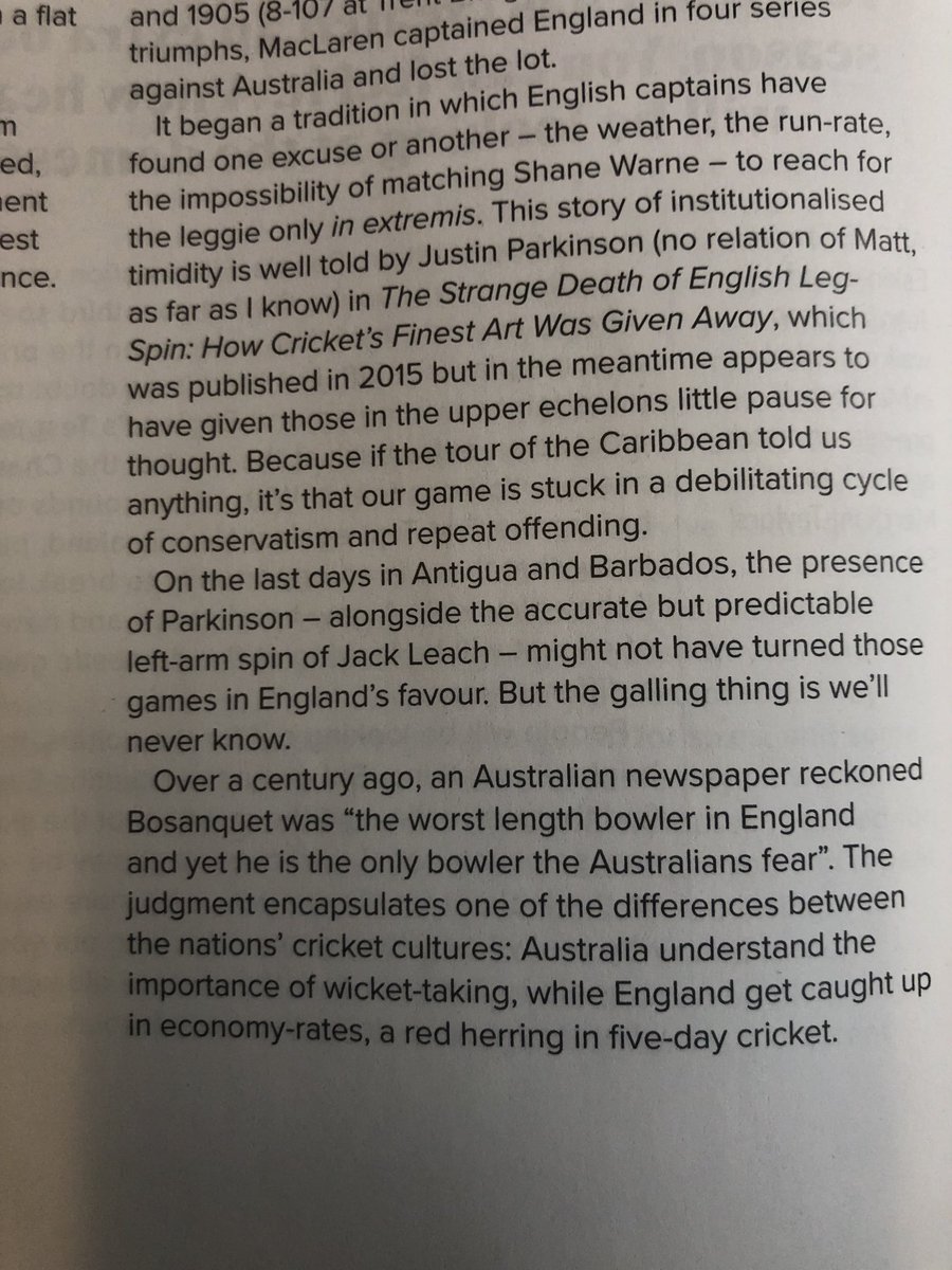Excellent article by ⁦@the_topspin⁩ in ⁦<a href="/WisdenCricket/">Wisden</a>⁩ Not related to ⁦<a href="/mattyparky96/">Matt Parkinson</a>⁩ as far as I know. England MUST pick him this summer!