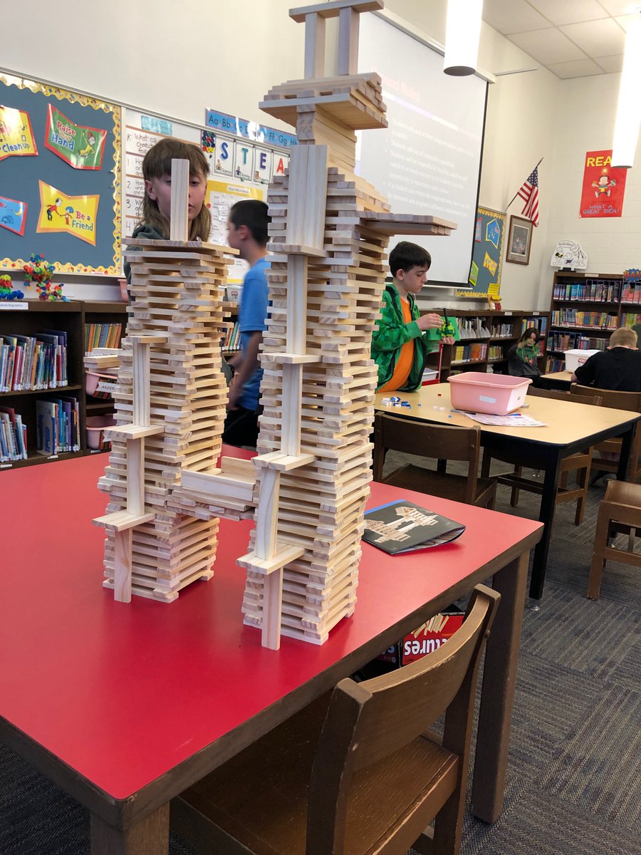 AnneBozievich's tweet photo. Intricate KEVA plank bridge and towers! Well done, fifth grade! #STEAMintheLibrary https://t.co/uJoF0g2qHS