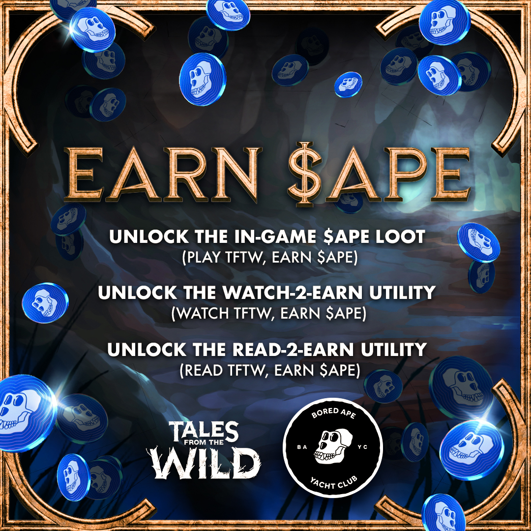 TalesFTWild's tweet photo. Holding one of our Genesis Spirit unlocks the Earn ApeCoin utility! 🤯 

Reading a new chapter of the last TFTW book (June), killing monsters in our MMO (May)... Each of that will earn you some @apecoin, the famous token from @yugalabs

RT/Like for a chance to win 20 ApeCoins! 💸 https://t.co/r2YaEDhssI