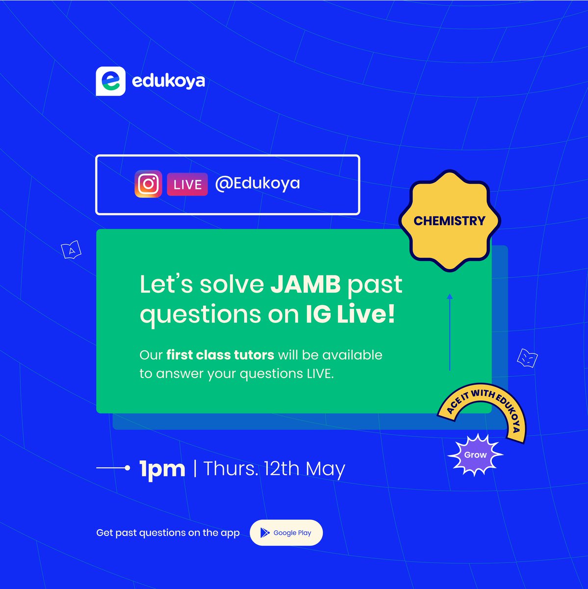 edukoya's tweet photo. Letβs solve some #JAMB Chemistry past question on IG LIVE!πͺπΎ
Our first class tutors will be available LIVE to answer questions and give you detailed explanations.β
#edukoya #letsaceit #JAMB2022 #chemistrytutor https://t.co/BZlUhbHk17