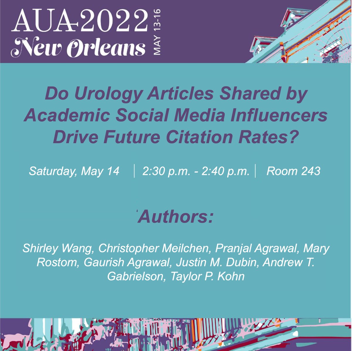 Taylor P Kohn (@tpkohn) on Twitter photo Do academic SoMe influencers actually influence citation rates of peer reviewed papers? ๐ฃ โก๏ธ ๐๐ค
Come listen to our podium on Saturday to find out: tinyurl.com/yb25zsd4
#AUA22 <a href="/AmerUrological/">Amer. Urol. Assn.</a> , <a href="/jteoh_hk/">Jeremy Teoh</a>, <a href="/daviesbj/">Benjamin J. Davies MD</a>, <a href="/drphil_urology/">Phillip Pierorazio</a>, <a href="/AshleyGWinter/">Ashley Winter MD || Urologist</a>, <a href="/Uro_Res/">The Urology Applicant โ</a>, <a href="/so_uro/">UroSoMe</a> Do academic SoMe influencers actually influence citation rates of peer reviewed papers? ๐ฃ โก๏ธ ๐๐ค
Come listen to our podium on Saturday to find out: tinyurl.com/yb25zsd4
#AUA22 <a href="/AmerUrological/">Amer. Urol. Assn.</a> , <a href="/jteoh_hk/">Jeremy Teoh</a>, <a href="/daviesbj/">Benjamin J. Davies MD</a>, <a href="/drphil_urology/">Phillip Pierorazio</a>, <a href="/AshleyGWinter/">Ashley Winter MD || Urologist</a>, <a href="/Uro_Res/">The Urology Applicant โ</a>, <a href="/so_uro/">UroSoMe</a>
