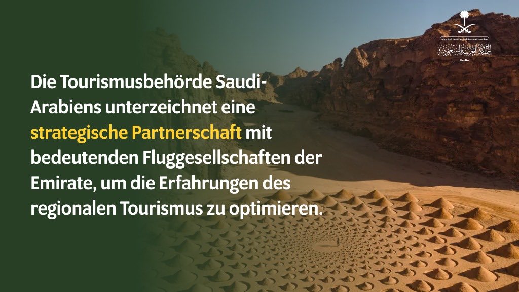 KSAembassyDE's tweet photo. Von den @Emirates als „einer unserer wichtigsten Märkte in der Region“ beschrieben, enthält der Vertrag Durchbrüche wie das #EVisum Saudi-Arabiens zur Erleichterung des Tourismus zu den einzigartigen Weltkulturstätten🌍
Foto: zeitgenössische Kunstinstallationen in #AlUla. https://t.co/ZQMY66auMT