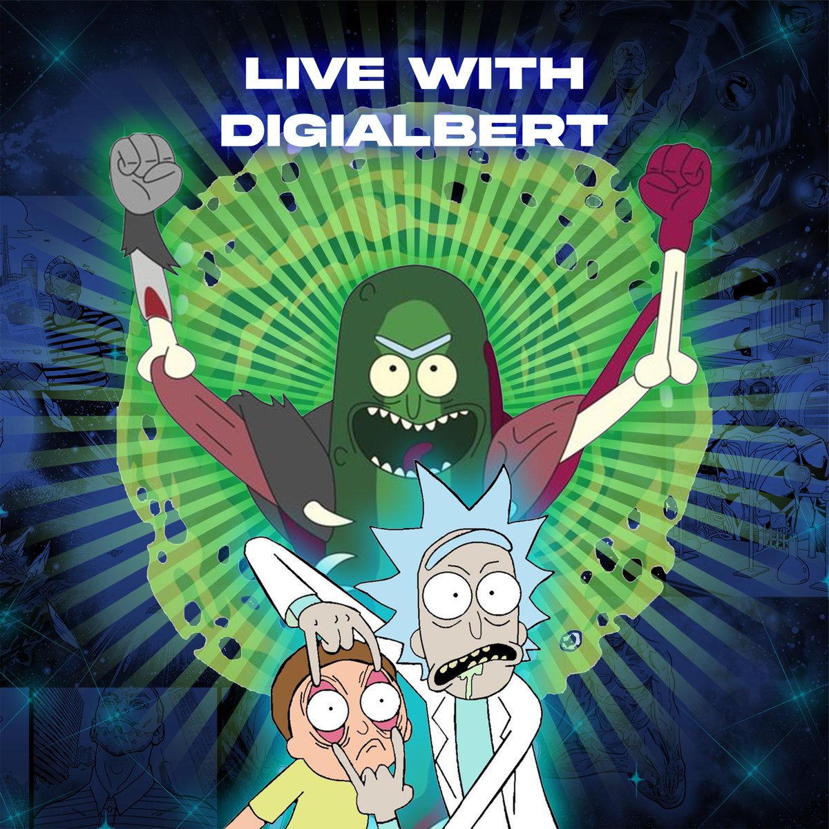 AT 15 UTC 🚨

Our incredible artist <a href="/digialbert/">Digitalbert</a> will be back on our Discord to show us how he does his amazing art.
This time he'll be doing one of these characters from the Rick &amp; Morty series.

Come join us!
discord.gg/MH6UBAdX