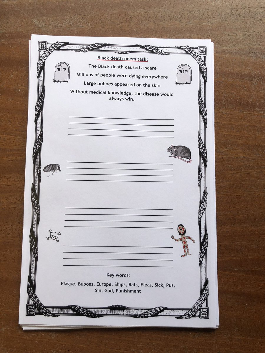 Kld8S's tweet photo. Won’t see my Year 8s due to parents evening so extended poetry task it is! Creating their own rhymes can give them an opportunity to retain previously learnt information successfully. No emphasis on using all lines but doing what you can. #BlackDeath #History https://t.co/bjgHGjUt6W