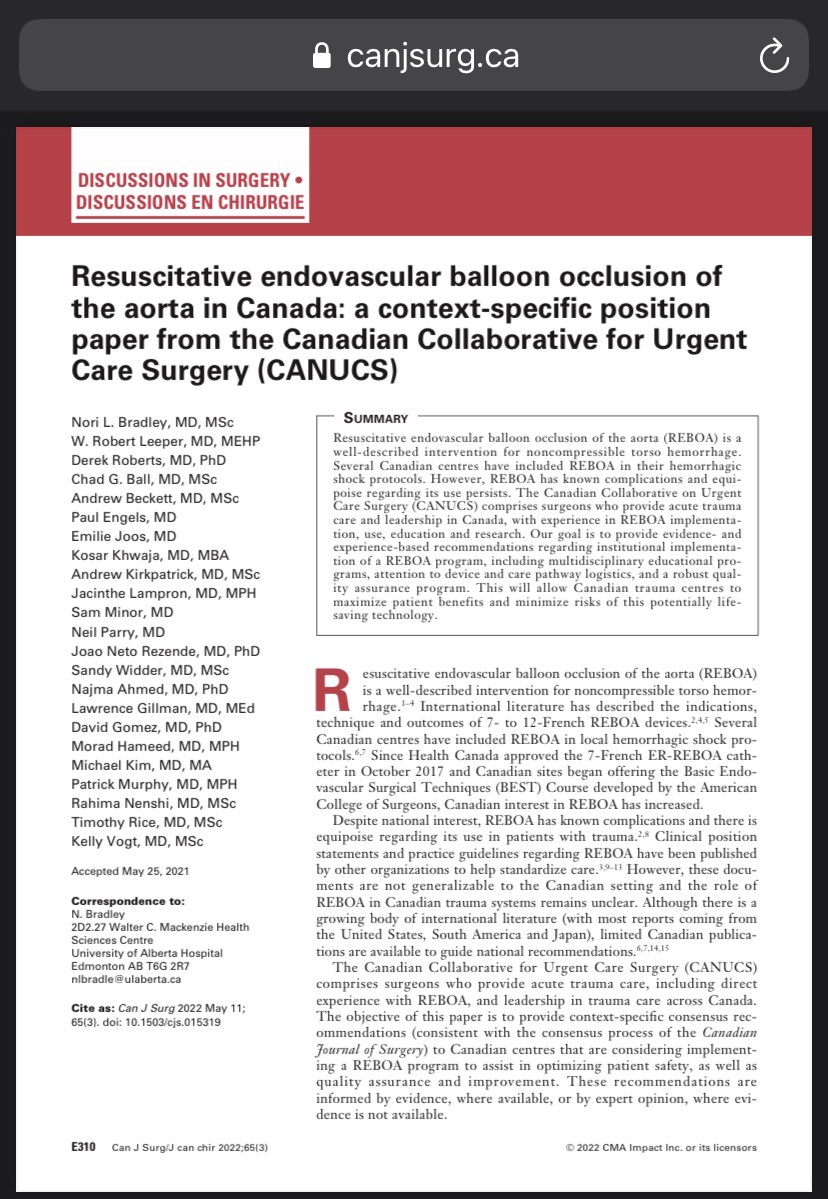 Nori Bradley MD MSc FRCSC FACS (she/her) (@bradleynori) on Twitter photo Thrilled this team effort from <a href="/CANUCSurg/">Canadian Collaborative on Urgent Care Surgery</a> is finally published!
⚠️Guidance on implementing #REBOA programs for #trauma in a 🇨🇦 context.
<a href="/rob_leeper/">Rob Leeper</a> @DerekRoberts01 <a href="/kellynvogt/">Kelly Vogt</a> <a href="/CanJSurg/">CJS/JCC</a> <a href="/CAGS_ACCG/">Cdn General Surgeons</a> <a href="/CAGS_Residents/">CAGS Residents</a>
canjsurg.ca/content/cjs/65… Thrilled this team effort from <a href="/CANUCSurg/">Canadian Collaborative on Urgent Care Surgery</a> is finally published!
⚠️Guidance on implementing #REBOA programs for #trauma in a 🇨🇦 context.
<a href="/rob_leeper/">Rob Leeper</a> @DerekRoberts01 <a href="/kellynvogt/">Kelly Vogt</a> <a href="/CanJSurg/">CJS/JCC</a> <a href="/CAGS_ACCG/">Cdn General Surgeons</a> <a href="/CAGS_Residents/">CAGS Residents</a>
canjsurg.ca/content/cjs/65…