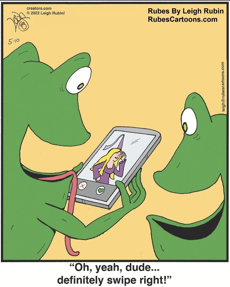 RubesCartoons's tweet photo. You have to kiss a lot of frogs…
#fairytales #datingapps #onlinedating #princess #frog #kissafrog #swiperight #cartoon #cartoonist #cartooning https://t.co/0WvkFVv3rc