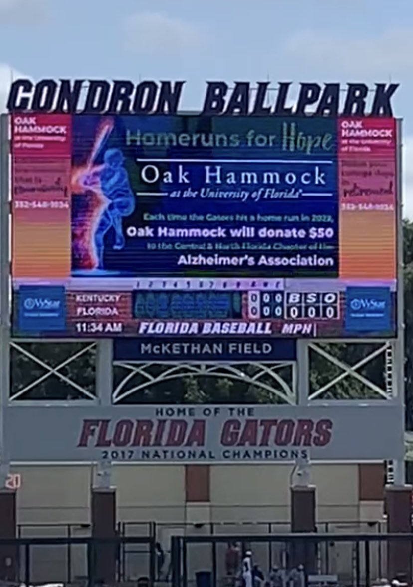 JPTULL's tweet photo. #causemarketing #community Proud to provide a 2022 #OakHammock @UF #HomeRunsForHope update.
The @gatorsbb team has launched 88 Long Balls with 7 games to play. #OakHammock donates $50 for each homer to @alzcnfl. Thanks #oakhammock @GerreReynoldsVO @Learfield ππ @GatorsScott https://t.co/1orxSORYTW