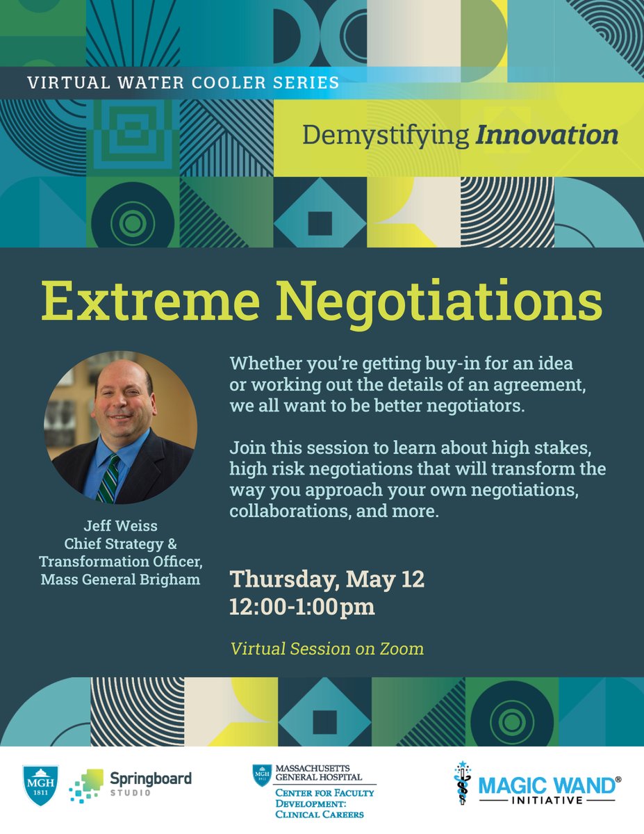 MGBSpringboard's tweet photo. Last call! Join our #VirtualWaterCooler event tomorrow 12-1pm EST about #negotiations with Jeff Weiss, @MassGenBrigham's Chief Strategy & Transformation Officer!
Registration: https://t.co/I5JD64JXfb
@MW_Initiative
@MGHCFD
#demystifyinnovation #userfriendlyhealthcare https://t.co/PhFBPJzkBK